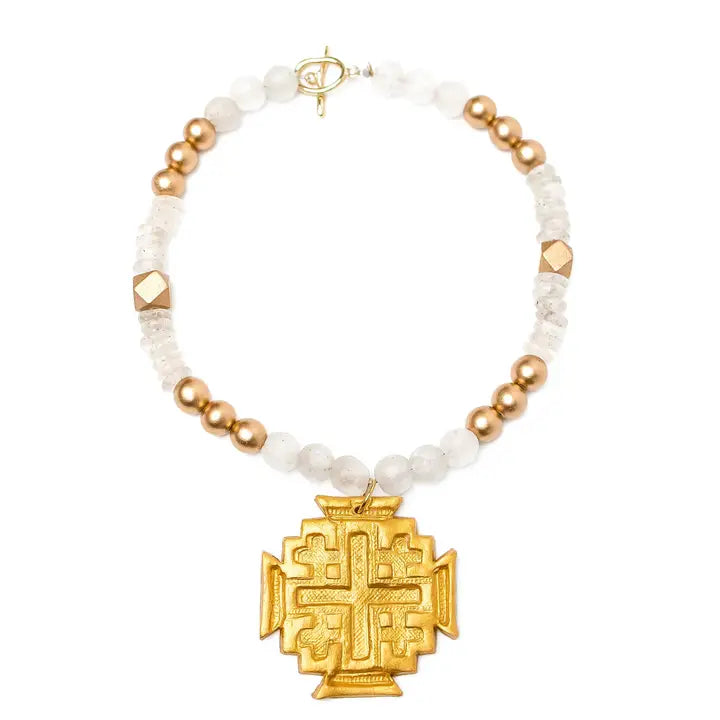 hidden truth African Clear Glass with Jerusalem Cross Necklace