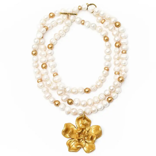 Hidden Truth 3-Strand Freshwater Pearls with Camellia Blossom necklace