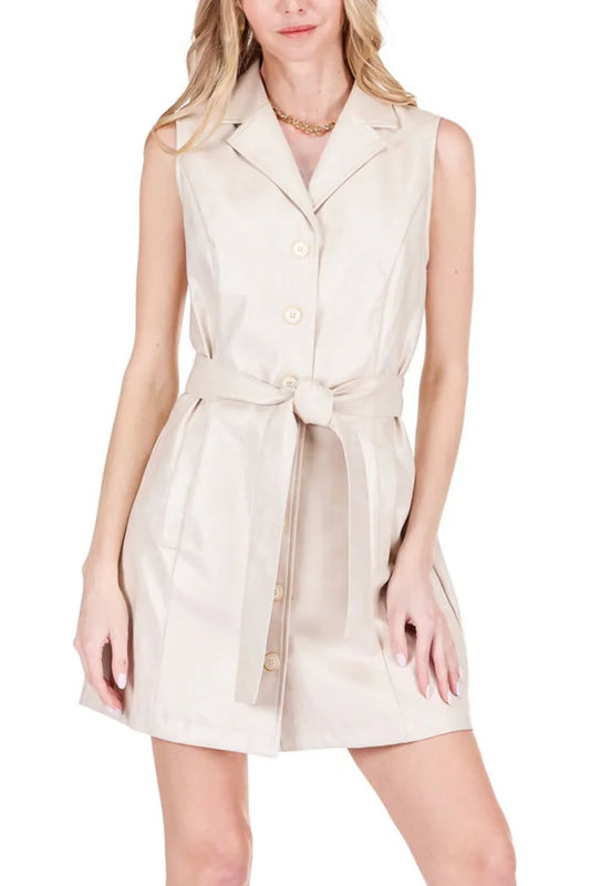 Joy Joy Sleeveless Vegan Leather Dress sand