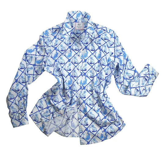 blue and white dog print top