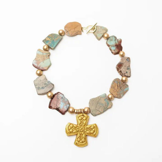 Hidden Truth 18" Aqua Terra Jasper Nuggets with Kristin Cross necklace