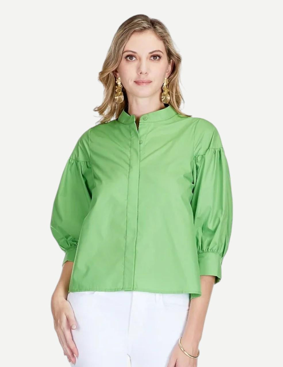 Jade Stand Collar Puff Sleeve Blouse, Kiwi